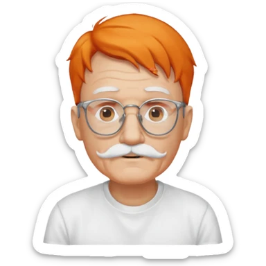 old man, orange hair, white mustache, wearing glasses, wearing a white t-shirt sticker