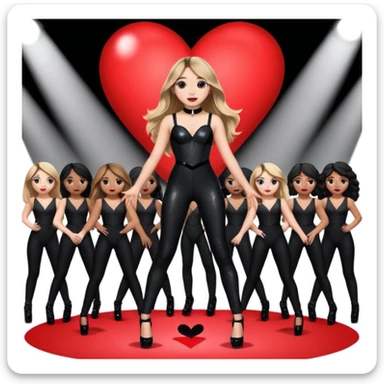 Sabrina carpenter singing at concert wearing a black sparkle jumpsuit and black hyper sparkle heels. She is standing in the center stage part that is in the shape of a red heart and it extends from the main stage, with a group of dancers surrounding her  sticker
