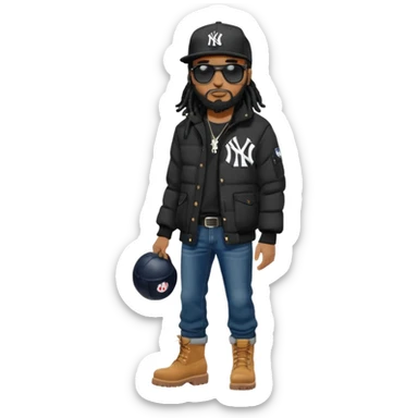 African American man with shoulder length black dreadlocks with black beard wearing black sunglasses wearing a black New York Yankees logo baseball cap wearing a black bubble winter coat wearing denim skinny jeans and Timberland boots with on hand in his pocket sticker