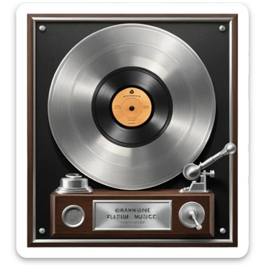 A platinum music award plaque: a square, polished platinum plate with a subtly textured, mirror-like finish, mounted on a simple dark wood base. The center features a relief of a vintage gramophone or stylized vinyl record in a slightly darker metallic tone.  sticker