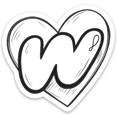 chubby cartoon-style Wattpad logo 'w' with thick contour, soft shadows and glossy highlights, single large heart behind the logo sticker