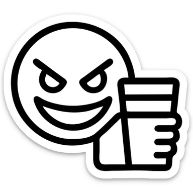sharp, slanted angry eyes and a wide devious grin, holding a double cup of purple drank, bold outlined icon style sticker