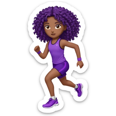 Uma boneca morena escura com olhos castanhos e cabelo cacheado longo até o peito, treinando correndo a roupa top roxo com detalhes preto e short roxo com detalhes preto sticker