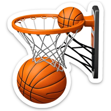 A close-up of a basketball shield and hoop with the ball swishing through the net, captured mid-air. The background emphasizes the tension and excitement of the moment, with the rim and net in sharp focus, showcasing the precision and skill of the sport. sticker