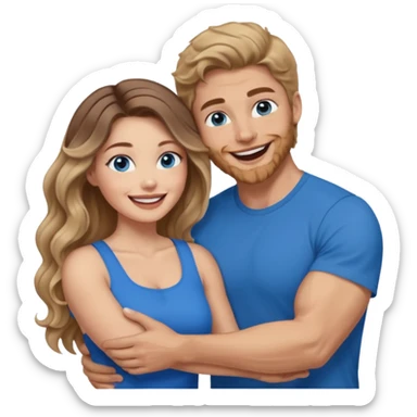 Women with blue eyes and very long, brown blond balayage curled hair in the arms of a man with strong arms a straight face, a very sexy man blue eyes. They are laughing at each other. He has short brown hair and is light skinned  sticker