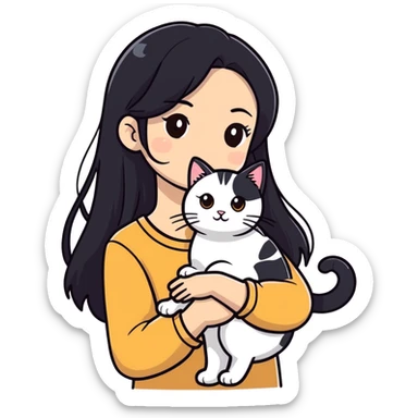 girl with long black hair and brown eyes that holds cat that is white and tabby sticker