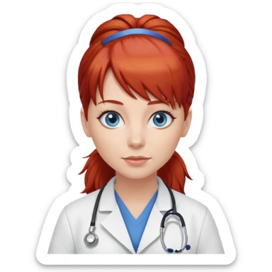 female doctor with red hair in a ponytail, blue eyes, and bangs sticker