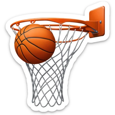 A close-up of a basketball shield and hoop with the ball swishing through the net, captured mid-air. The background emphasizes the tension and excitement of the moment, with the rim and net in sharp focus, showcasing the precision and skill of the sport. sticker