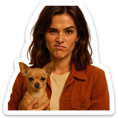 portrait centered of a woman inspired by Zoe Deutch's face, tanned complexion, subtle freckles, rebellious and playful expression, medium-length brown hair with auburn highlights, wearing a shirt color #FFF8CA, rust-colored jacket, holding a beige-brown chihuahua, transparent background, Netflix series style sticker