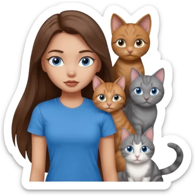 a pretty bratz dusky light skin girl with long brown hair, blue eyes with six cats nd wearing a grey tshirt sticker