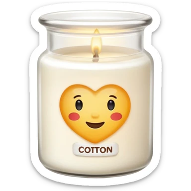 minimal flat emoji of a white scented candle in a glossy white glass jar with the label “cotton”, soft warm glow, clean vector style, elegant and modern, transparent background lux style sticker