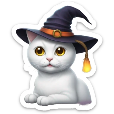 A white cat with glasses and witch hat sticker
