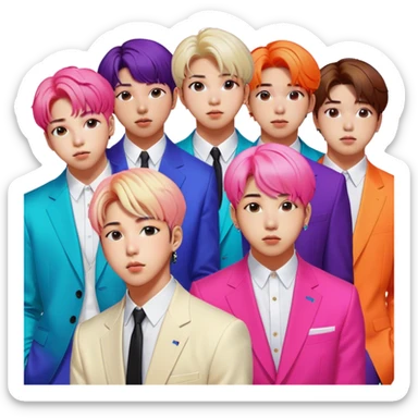 Cinematic Realistic group portrait of BTS featuring all 7 members in stylish modern attire, with detailed facial expressions and vibrant colors, captured in dynamic, contemporary lighting that emphasizes their global pop icon status sticker