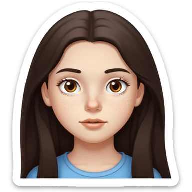 A 12-year-old girl with very long dark brown hair, light brown eyes, thick eyebrows, slightly big lips, with only two freckles - just one small freckle on her cheek and one small freckle under her eye sticker