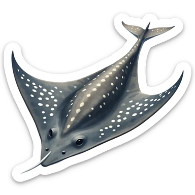 Spotted eagle sting ray with wide wingspan and long spike sting tail at posterior end viewed from above sticker