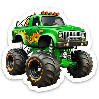 Grave Digger - Monster Jam (Model Year: 2022) (Iconic colour: Green with flames) - A legendary monster truck with a fearsome design: predominantly deep green with dynamic, vibrant flame graphics in bright orange and yellow. Highlight its rough, edgy bodywork and an aura of untamed rebellion. sticker