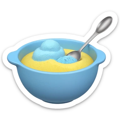 cartoon-style emoji of a mixing bowl with a spoon two colored powders being mixed and a small price tag or percentage sign to indicate calculation sticker
