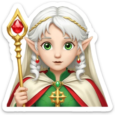 an elf with very white hair and two long ponytails on the side of her head, she has a curtain bang, green eyes, she has a white cape with golden borders and a scepter with a red orb, she has earrings that look like red drops sticker