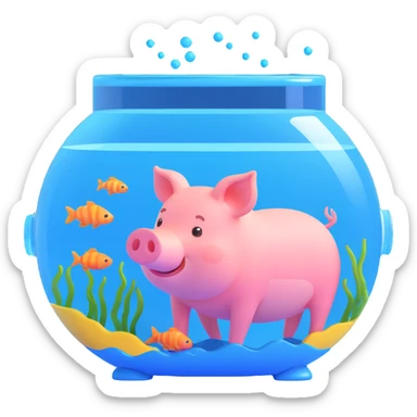 little pig swimming inside a transparent fish tank, cartoon style, bright colors, suitable for emoji sticker