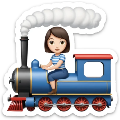 Pretty, sexy, slightly curvy white woman with short dark brown hair, wearing a blue and white striped tee shirt, riding a steam train sticker