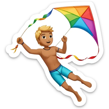 A person soaring through the sky while holding onto a colorful kite on a windy beach. The kite is catching the wind, and the backdrop features waves crashing on the shore, capturing the excitement and freedom of kitesurfing. sticker