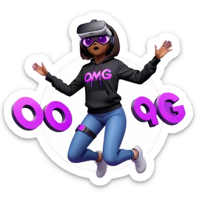 brown haired girl with a bob girl wearing black hoody with violet letters "OMG", in vr headset oculus quest2. jumping. Cyberpunk style. Violet neon. sticker