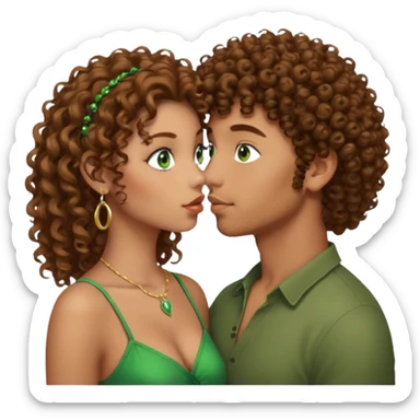 Un homme cheveux boucle avec boucle d’oreille et yeux vert qui embrasse une fille au cheveux maron bouclé métisse  sticker