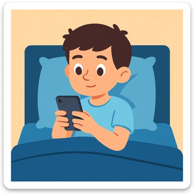 flat toon style boy in a blue bed, on his phone, wearing a light blue t-shirt sticker