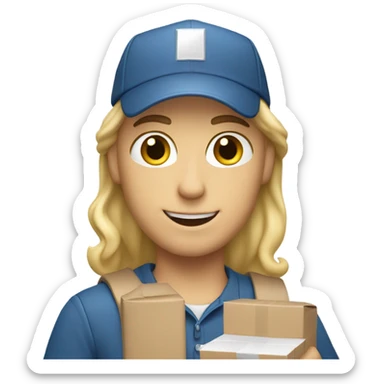 white mail carrier with blond hair and with a package wearing a white cap sticker