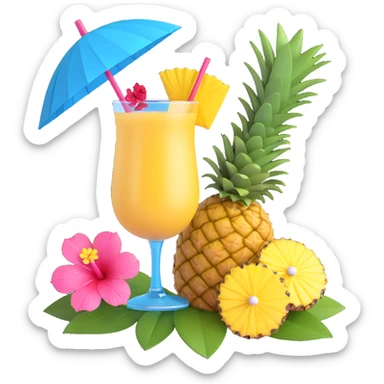 a pineapple and a vibrant tropical fruity blue cocktail with hibiscus, pineapple slice, and paper umbrella garnish sticker