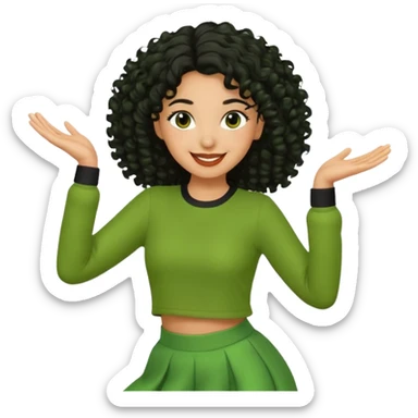a woman with olive skin tone and curly black hair wearing green and dancing sticker