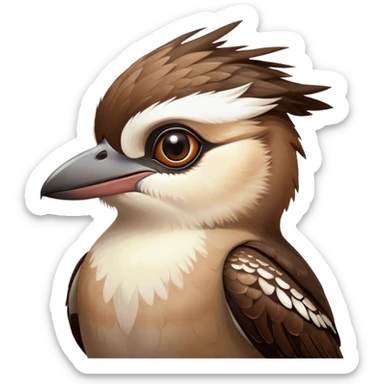 Cinematic Cute Kookaburra Portrait Emoji, Head tilted playfully and inquisitively, featuring a glossy brown plumage with subtle cream accents and a perky, expressive beak, round, sparkling eyes filled with curious mirth, Simplified yet irresistibly adorable features, highly detailed, glowing with a warm, friendly glow, high shine, affectionate and spirited, stylized with a touch of bushland whimsy, bright and endearing, soft glowing outline, capturing the essence of a mischievous yet loving kookaburra, so playful it feels like it could chuckle out of the screen into your arms! sticker
