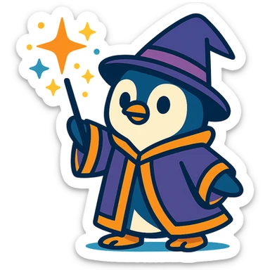 cute penguin wizard casting a spell, wearing a robe and holding a wand, magical sparkles around sticker