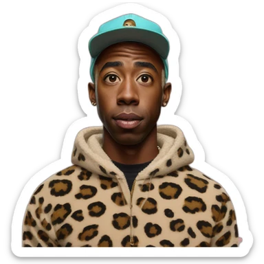hyper realistic Tyler The Creator with chapka and leopard pullover sticker