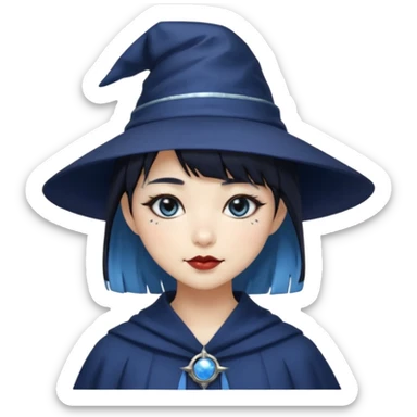 an asian short haired girl with light blue highlighted short raven hair with bangs, with her silver left eye and dark brown right eye, with black cat eyed style eyeliner, and smirk of natural toned lipstick, with dark navy wizard hat with moon emblem on his hat. sticker