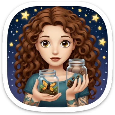 woman with long curly brown hair, brown eyes, white skin, tattoos, holding a jar of captured starlight insects sticker