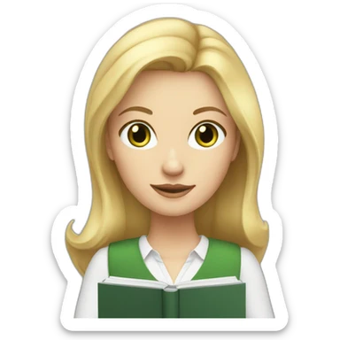 English teacher female with blonde hair and green eyes. with English book sticker