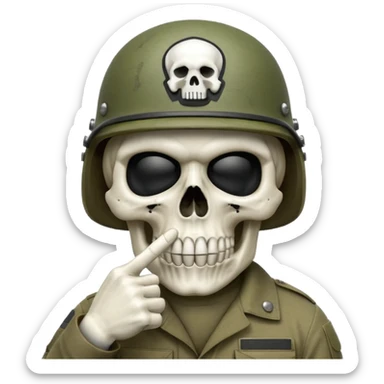 A bold emoji-style white skull wearing a realistic modern army helmet, making a shushing gesture (index finger bone held up to mouth area). Clean vector style,modern emoji aesthetic.The helmet has detailed realistic texture. No body sticker