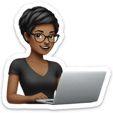 Graphic Designer woman black pixie cut with laptop, happy, no glasses sticker