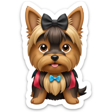 a yorkshire dog with a bow sticker
