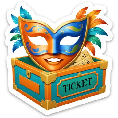 a box and a carnival mask in orange, blue and green with tickets as a bundle sticker