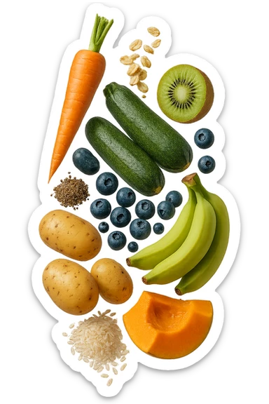 carota, fiocchi di avena, zucchine, kiwi, mirtilli, semi di chia, patate, banane acerbe, zucca, riso fluttuano in aria verticalmente, iperrealistici 4k sticker