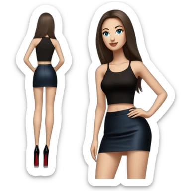 realist caucasian long dark brown, blue eyes woman, black crop top black tight mini skirt, High heel black patent louboutin, full body sticker