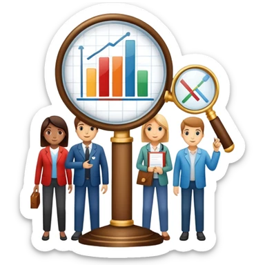 An icon featuring a group of diverse people, interconnected by lines, symbolizing sociology. The design includes a magnifying glass and a bar chart, representing the study of societies and social structures. Transparent background highlights the analysis of human behavior and social dynamics. sticker
