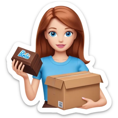 Barbie, blue eyes, shoulder-length reddish-brown hair, holds a package box, Barbie is wearing chocolate-colored clothes sticker