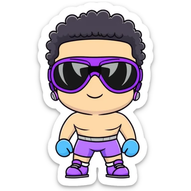 shirtless male athlete with white skin and moderately curly black hair on top with shaved sides, wearing ski goggles with purple frames/outline and very dark heavily tinted black lenses that completely hide the eyes, and a simple plain black chain necklace, no earrings sticker