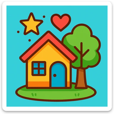 cute small house with a tree beside it, on soft green grass, a heart above the house, golden star in the background, vibrant cartoon style, symbolizing community and youth impact sticker