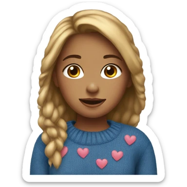 A girl wearing a sweater with hearts and blue jeans sticker