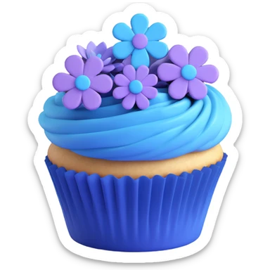 Transform this cupcake with blue flowers into an iOS 18 style 3D emoji model, featuring ultra-realistic 3D shading, smooth rounded shapes, and a vibrant blue and purple color palette. sticker