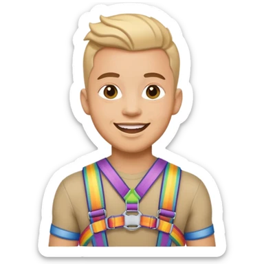 happy gay man in a pride-themed harness sticker